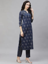 Women Navy Blue Floral Printed Regular Pure Cotton Kurta With Palazzos With Dupatta